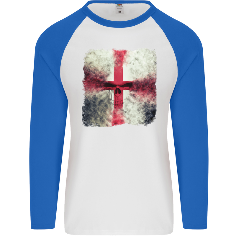 Dissolving England Flag St. George's Skull Mens L/S Baseball T-Shirt White/Royal Blue