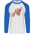 Biker Santa Christmas Motorcycle Chopper Skull Mens L/S Baseball T-Shirt White/Royal Blue