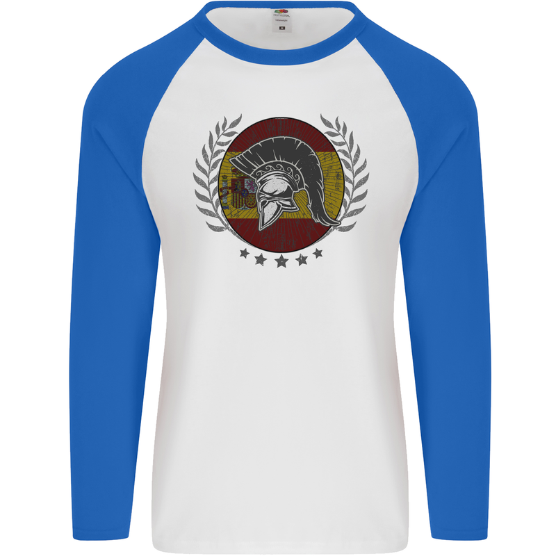 Spain Bodybuilding Flag Gym Training Spanish Mens L/S Baseball T-Shirt White/Royal Blue