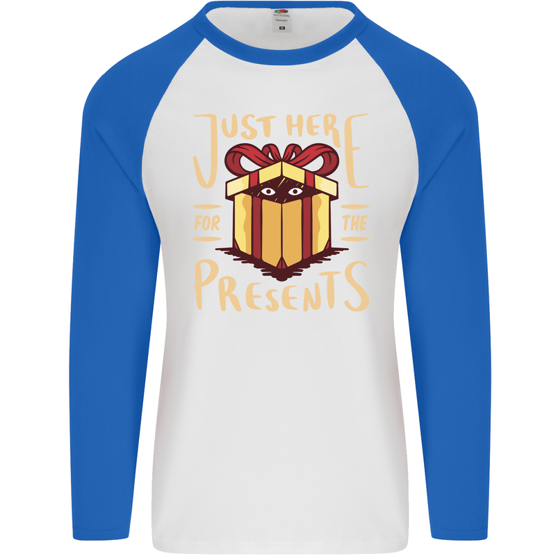 Christmas Just Here For the Presents Funny Mens L/S Baseball T-Shirt White/Royal Blue