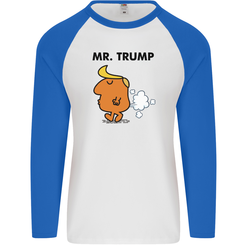 Donald Trump Fart Farting Flatulence Funny Mens L/S Baseball T-Shirt White/Royal Blue