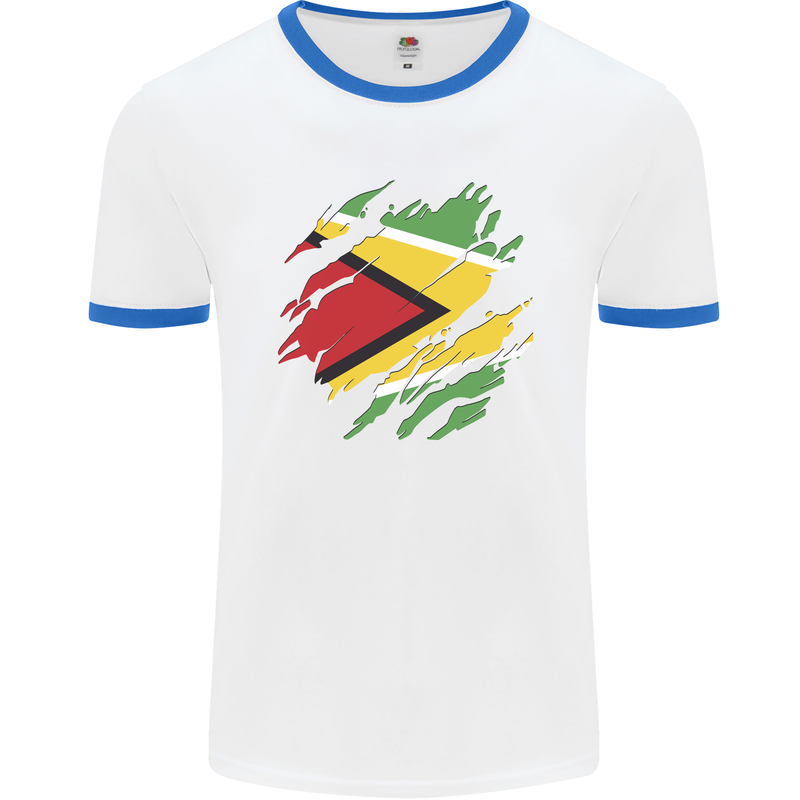 Torn Guyana Flag Guyanese Day Football Mens Ringer T-Shirt White/Royal Blue