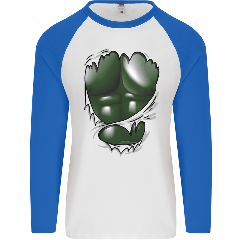 Gym Green Torso Ripped Muscles Effect Mens L/S Baseball T-Shirt White/Royal Blue