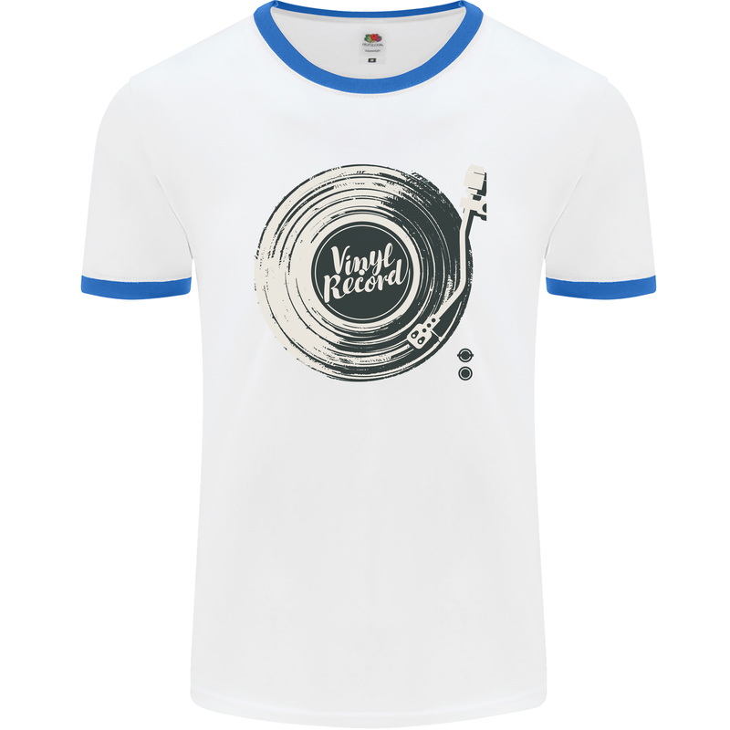 Vinyl Record Music Turntable DJ Mens Ringer T-Shirt White/Royal Blue