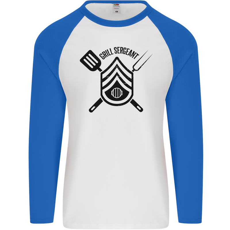 BBQ Grill Sergeant Chef Cook Food Funny Mens L/S Baseball T-Shirt White/Royal Blue