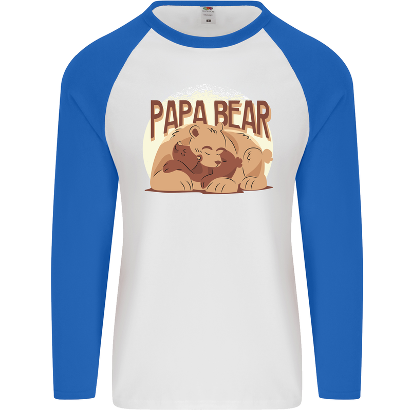 Papa Bear Funny Fathers Day Mens L/S Baseball T-Shirt White/Royal Blue