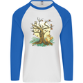 An Owl and Fox Tree Nature Ecology Mens L/S Baseball T-Shirt White/Royal Blue