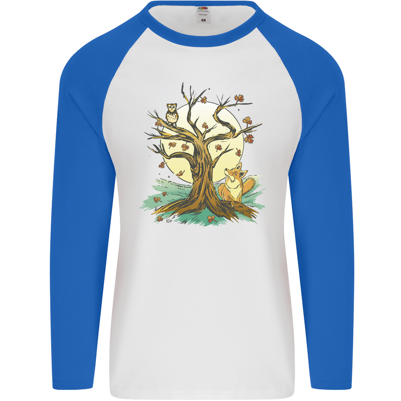 An Owl and Fox Tree Nature Ecology Mens L/S Baseball T-Shirt White/Royal Blue