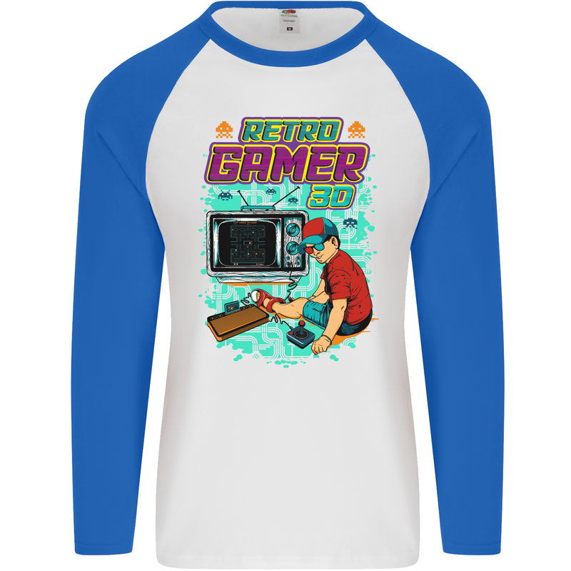 Retro Gamer Arcade Games Gaming Mens L/S Baseball T-Shirt White/Royal Blue