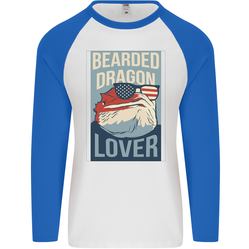 Bearded Dragon Lover USA America Mens L/S Baseball T-Shirt White/Royal Blue