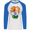 Gym The Indian Flag Ripped Muscles India Mens L/S Baseball T-Shirt White/Royal Blue