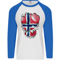 Gym Norwegian Flag Ripped Muscles Norway Mens L/S Baseball T-Shirt White/Royal Blue