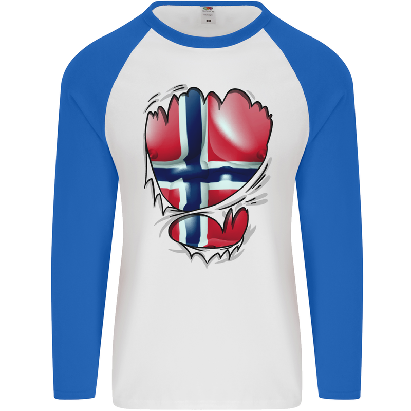 Gym Norwegian Flag Ripped Muscles Norway Mens L/S Baseball T-Shirt White/Royal Blue