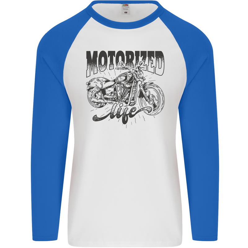 Motorized Life Biker Motorbike Motorcycle Mens L/S Baseball T-Shirt White/Royal Blue