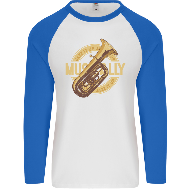 Tuba Brass Musical Instrument Jazz Mens L/S Baseball T-Shirt White/Royal Blue