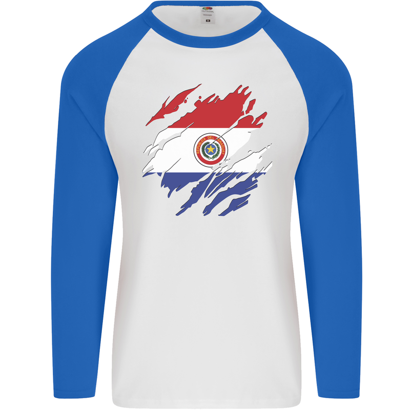 Torn Paraguay Flag Paraguayan Day Football Mens L/S Baseball T-Shirt White/Royal Blue