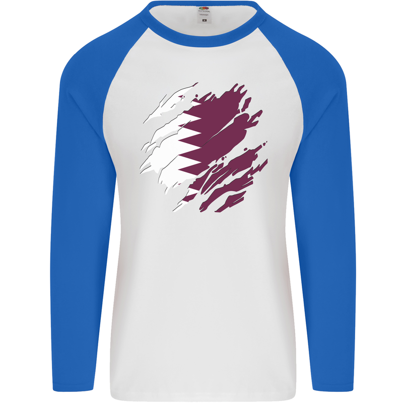 Torn Qatar Flag Qatari Day Football Mens L/S Baseball T-Shirt White/Royal Blue