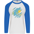 Torn Kazakhstan Flag Kazakh Day Football Mens L/S Baseball T-Shirt White/Royal Blue