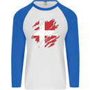Torn Denmark Flag Danish Day Football Mens L/S Baseball T-Shirt White/Royal Blue
