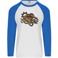 Steampunk Crocodile Alligator Mens L/S Baseball T-Shirt White/Royal Blue