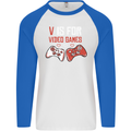 V is For Video Games Funny Gaming Gamer Mens L/S Baseball T-Shirt White/Royal Blue