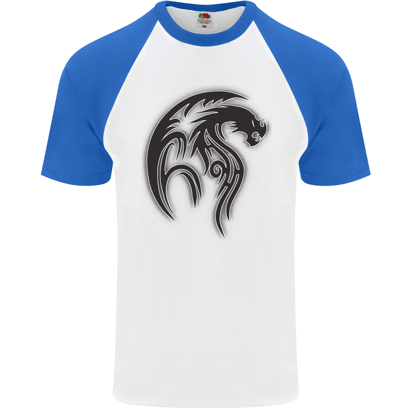 Black Tribal Tattoo Style Dragon Mens S/S Baseball T-Shirt White/Royal Blue