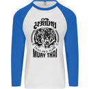 Muay Thai Fighter Warrior MMA Martial Arts Mens L/S Baseball T-Shirt White/Royal Blue