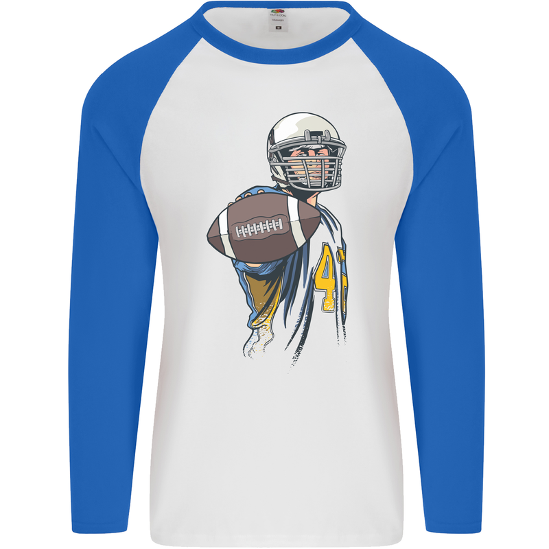 American Football Player Holding a Ball Mens L/S Baseball T-Shirt White/Royal Blue