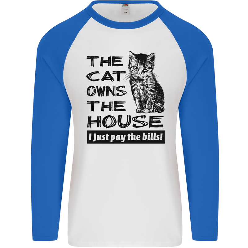 The Cat Owns the House Funny Kitten Mens L/S Baseball T-Shirt White/Royal Blue