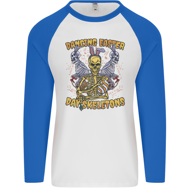 Dancing Easter Day Skeletons Skulls Mens L/S Baseball T-Shirt White/Royal Blue