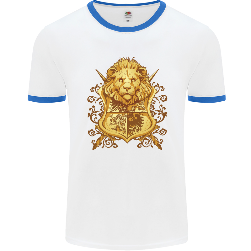 A Heraldic Lion Coat of Arms Shield Mens Ringer T-Shirt White/Royal Blue