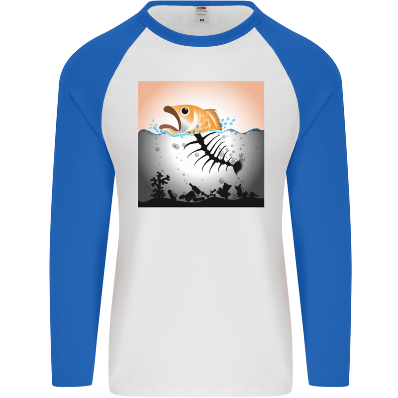 Fish Pollution Climate Change Environment Mens L/S Baseball T-Shirt White/Royal Blue