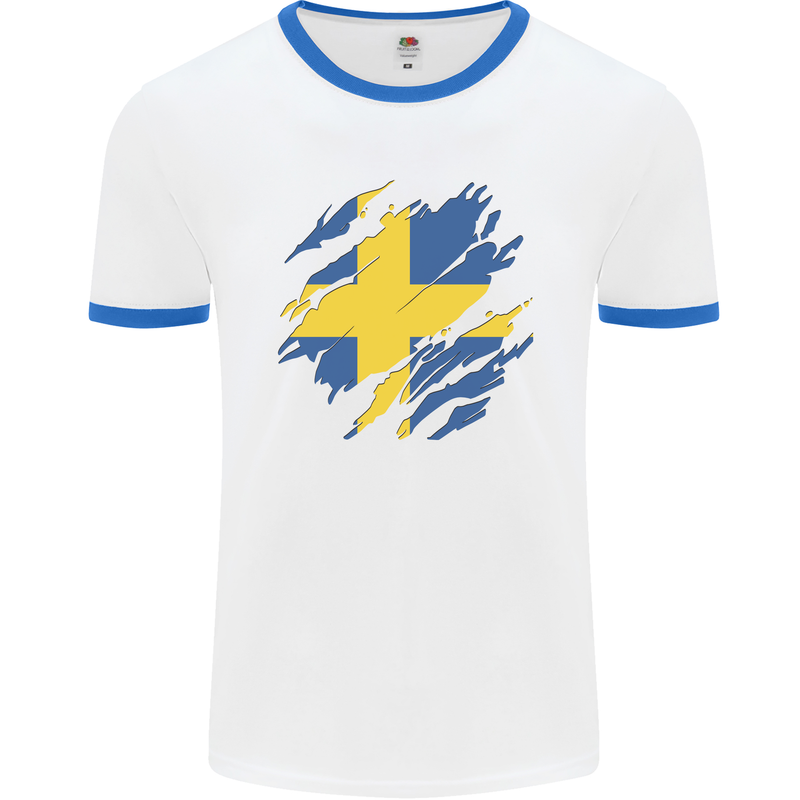 Torn Swedish Flag Sweden Day Football Mens Ringer T-Shirt White/Royal Blue