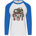 Steampunk Bulldog Mens L/S Baseball T-Shirt White/Royal Blue