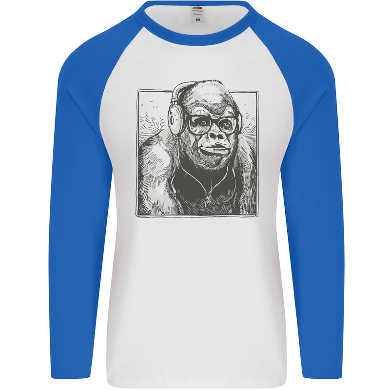 Gorilla with Headphones DJ Dance Music Mens L/S Baseball T-Shirt White/Royal Blue