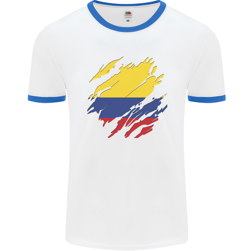 Torn Columbia Flag Columbian Day Football Mens Ringer T-Shirt White/Royal Blue