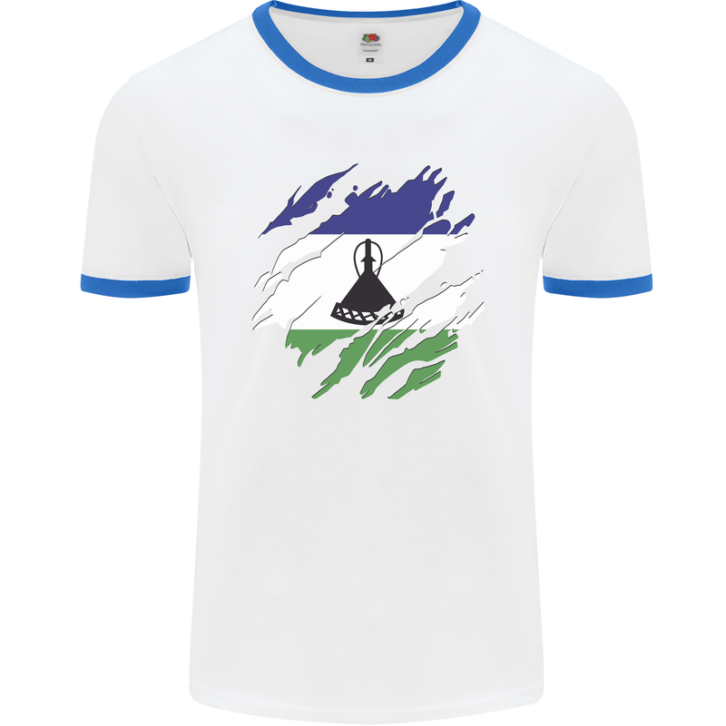 Torn Lesotho Flag Basotho Day Football Mens Ringer T-Shirt White/Royal Blue