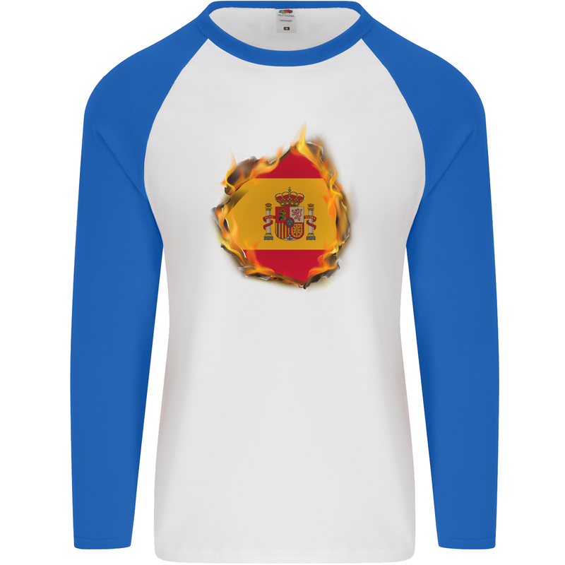The Spanish Flag Fire Effect Spain Mens L/S Baseball T-Shirt White/Royal Blue
