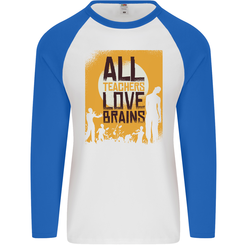 Zombie Teacher Love Brains Halloween Funny Mens L/S Baseball T-Shirt White/Royal Blue