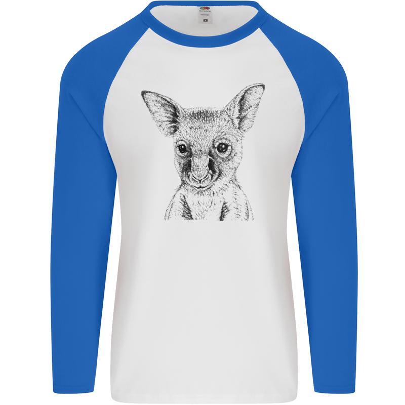 Baby Kangaroo Sketch Ecology Environment Mens L/S Baseball T-Shirt White/Royal Blue