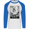 Sumo Wrestler Drummer Drumming Drum Mens L/S Baseball T-Shirt White/Royal Blue
