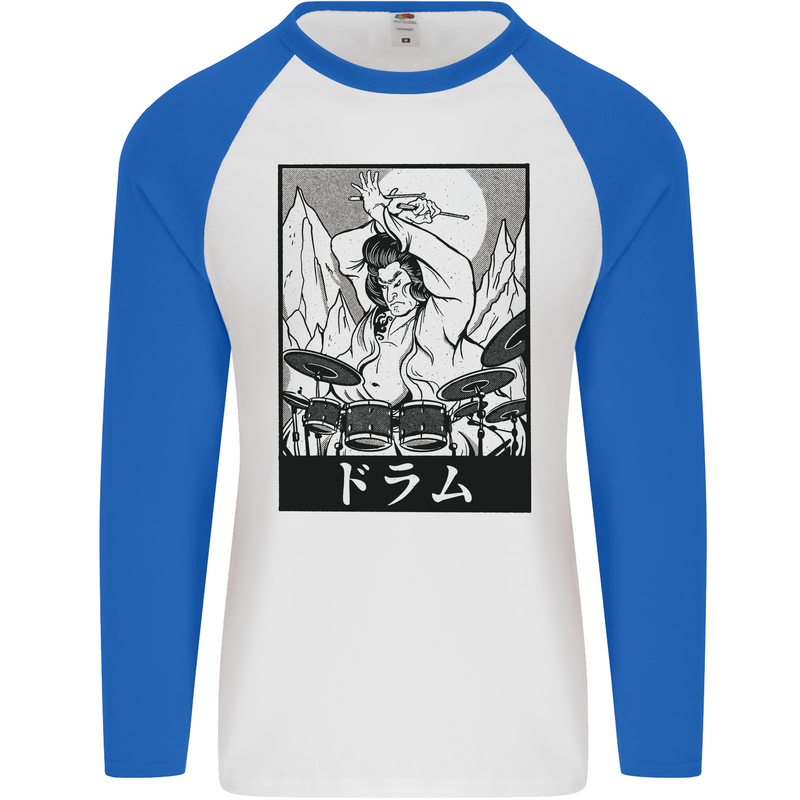 Sumo Wrestler Drummer Drumming Drum Mens L/S Baseball T-Shirt White/Royal Blue