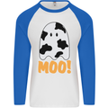 Moo Funny Cow Ghost Halloween Spooky Mens L/S Baseball T-Shirt White/Royal Blue