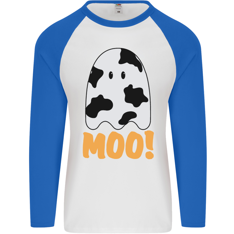 Moo Funny Cow Ghost Halloween Spooky Mens L/S Baseball T-Shirt White/Royal Blue