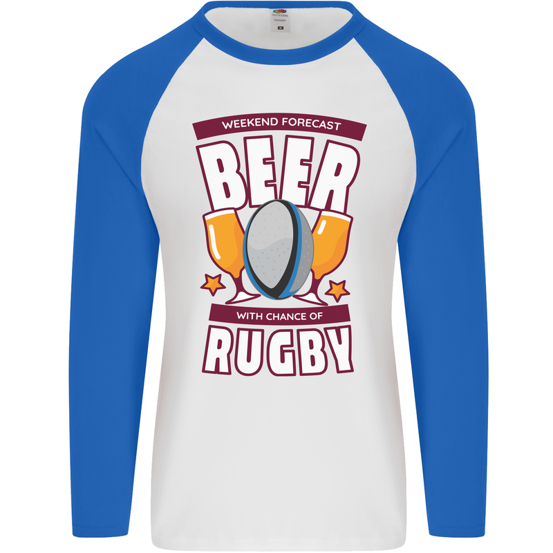 Weekend Forecast Beer Alcohol Rugby Funny Mens L/S Baseball T-Shirt White/Royal Blue