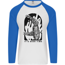 It's Beer Time Skeleton Hand Skull Mens L/S Baseball T-Shirt White/Royal Blue