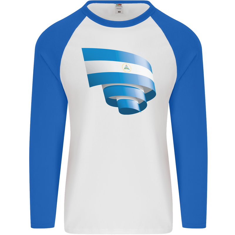 Curled Nicaragua Flag Nicaraguan Day Football Mens L/S Baseball T-Shirt White/Royal Blue