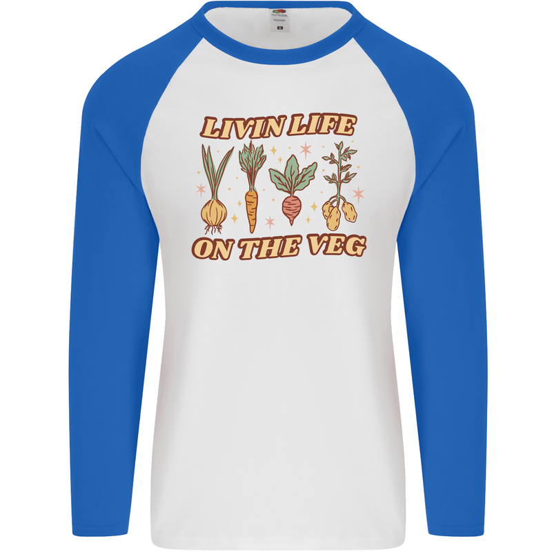 Vegan Living Life on the Veg Vegetarian Mens L/S Baseball T-Shirt White/Royal Blue