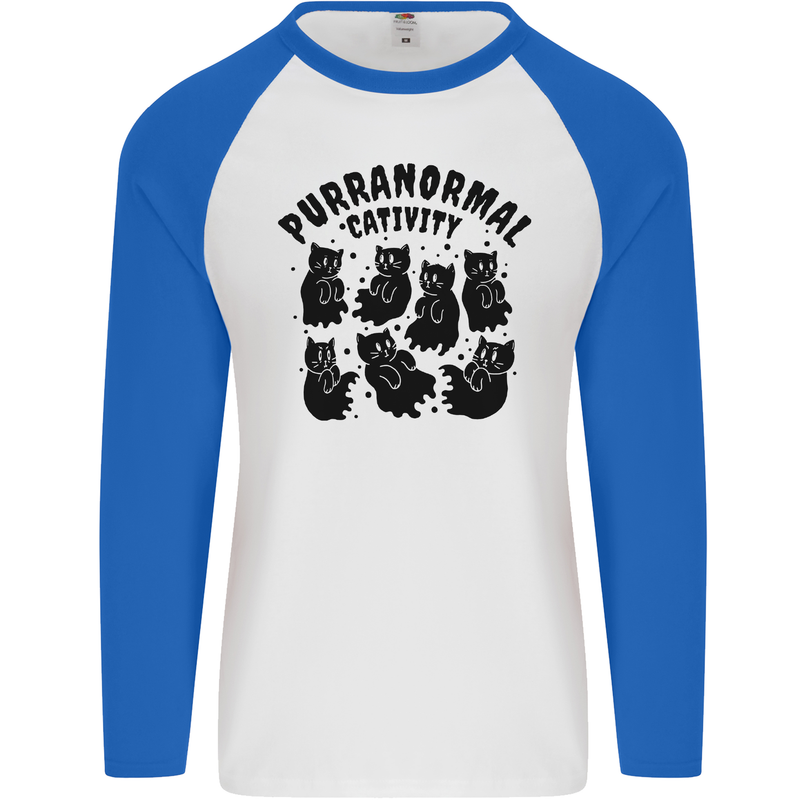 Purranormal Cativity Funny Cat Halloween Mens L/S Baseball T-Shirt White/Royal Blue