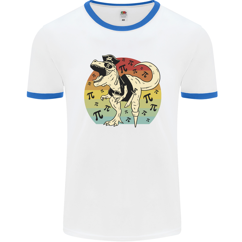 Pirate Pi T-Rex Funny Dinosaur Maths Mens Ringer T-Shirt White/Royal Blue